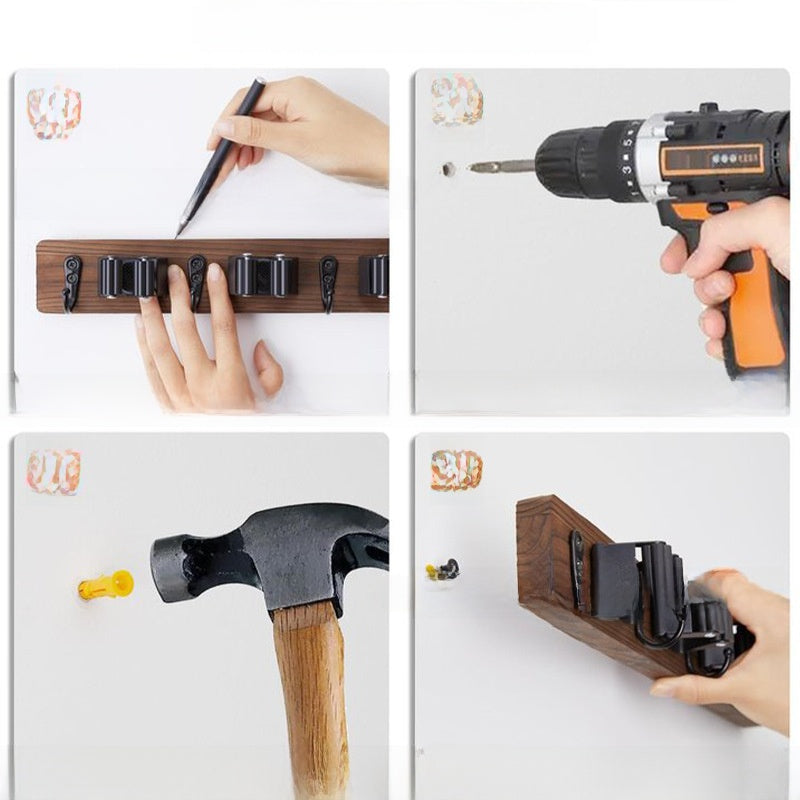 Wall-Mounted Wooden Mop Broom Storage Rack